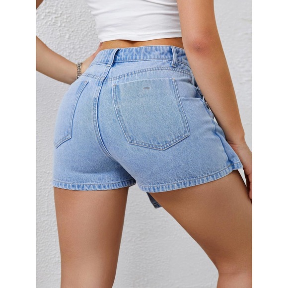 Boho Minimalist High Waist Jean Button Front Denim Skort - Picture 2 of 5